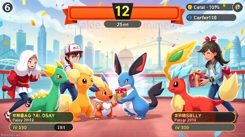 Batalla Pokémon vibrante con regalos y fiesta