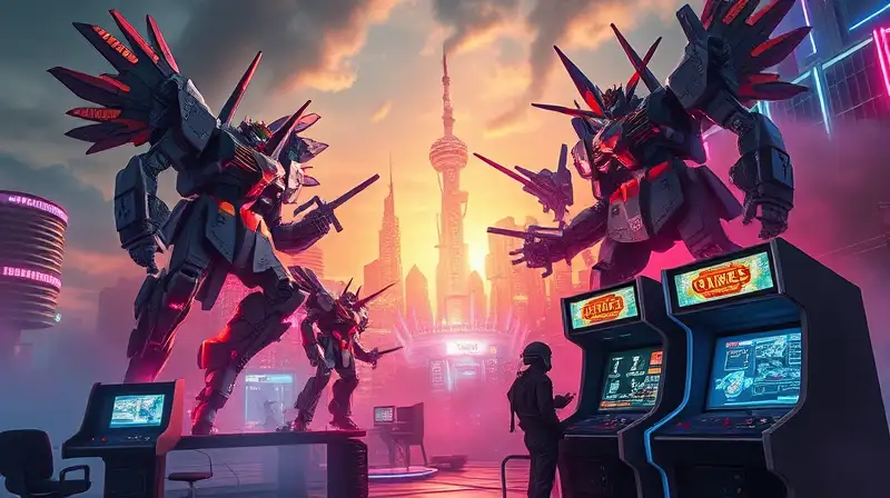Ciudad futurista con robots y luces neon