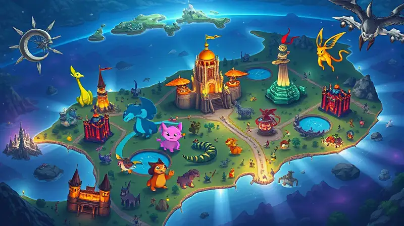Mapa vibrante de regiones y gimnasios Pokémon