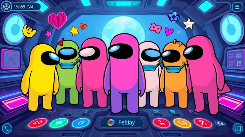 Personajes coloridos en interfaz espacial festiva