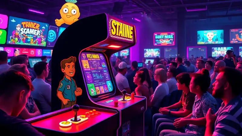 Máquina arcade retro con luces y jugadores