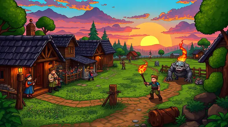 Jugadores defienden pueblo pixelado de monstruos