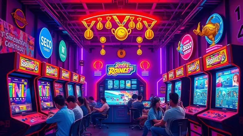 Arcade retro vibrante con jugadores diversos celebrando