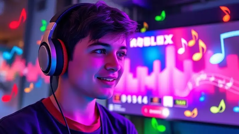Joven con auriculares juega Roblox colorido