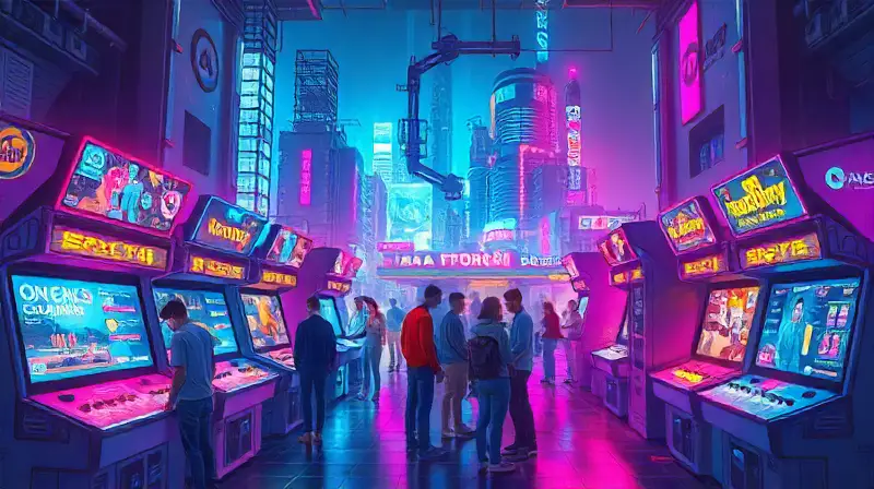 Máquinas arcade futuristas con jugadores y neones