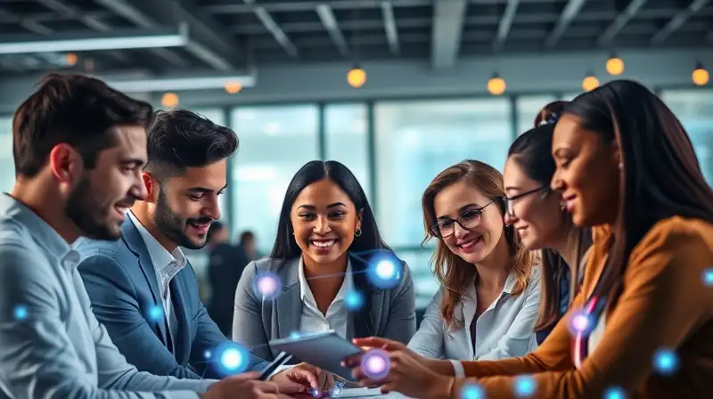 Equipo diverso colaborando con tecnología futurista