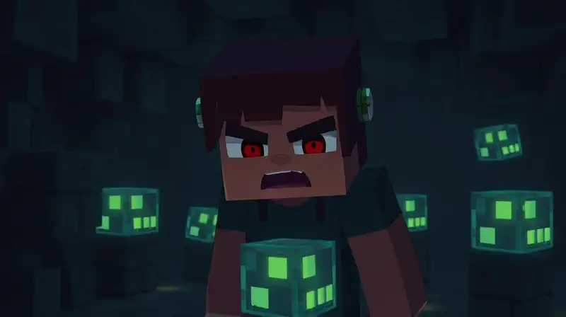 Personaje Minecraft con trampas y ambiente misterioso
