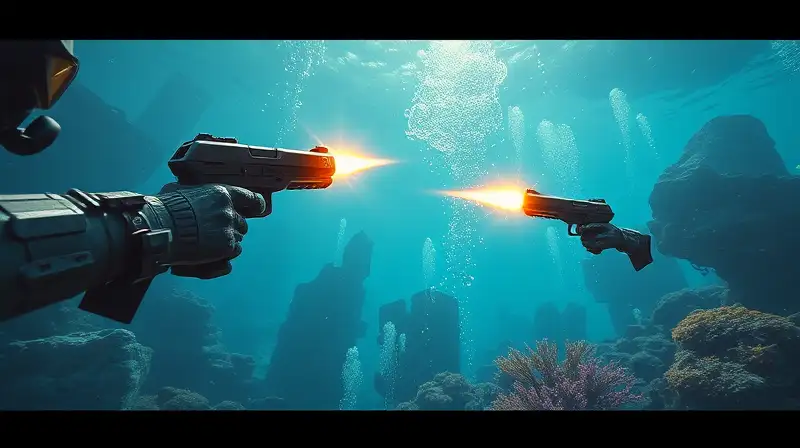 Escena submarina con pistolas futuristas disparando